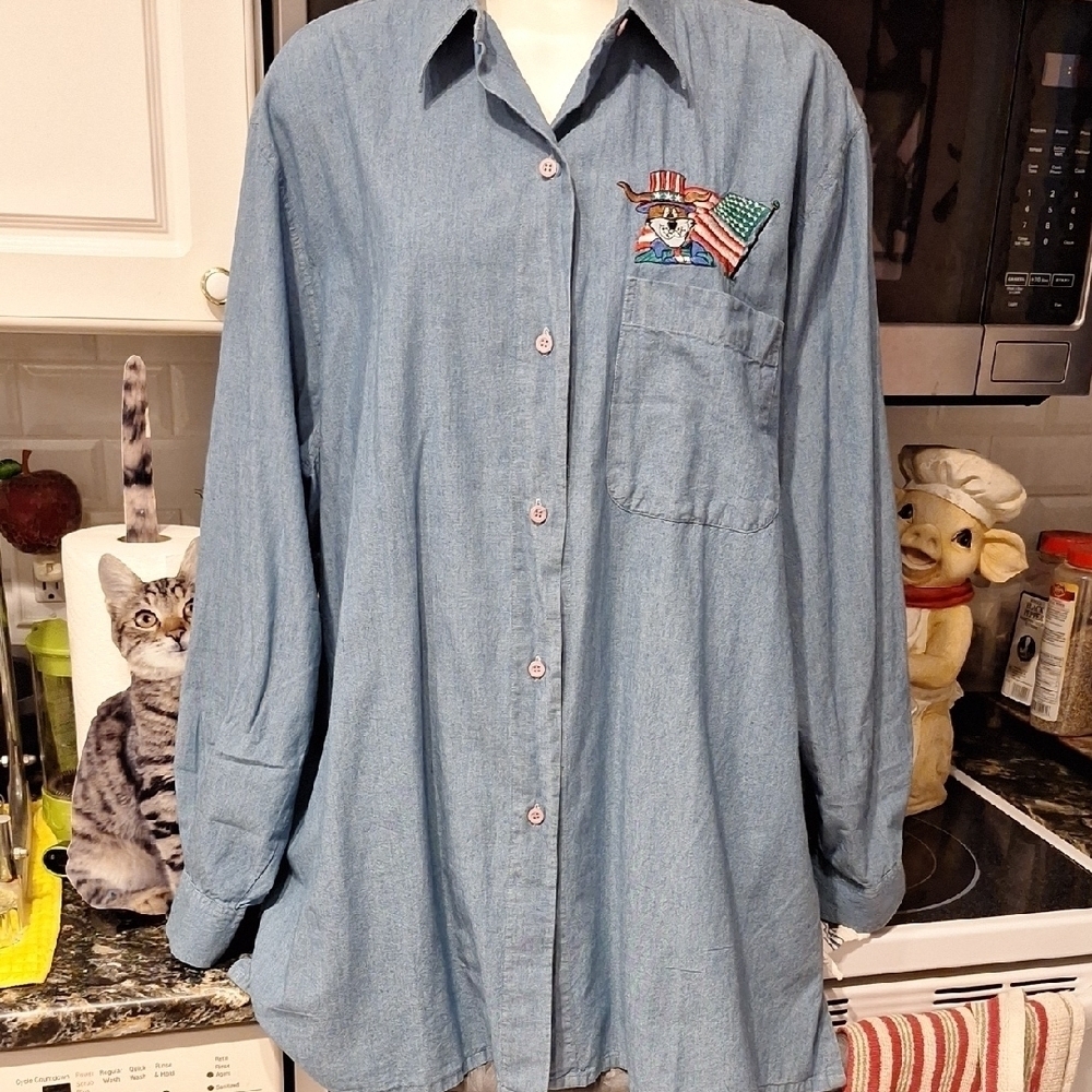 d Womens International Sports Deim Long Sleeve Plus Size Shirt 26/28
